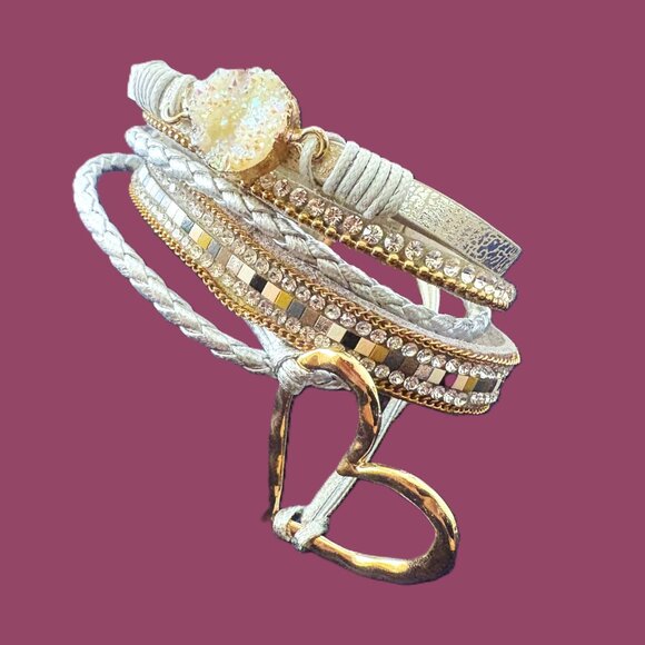 Boho Heart Leather Multi-layered Cuff Magnetic Bracelet Gold/Silver Accents EUC - Picture 11 of 12